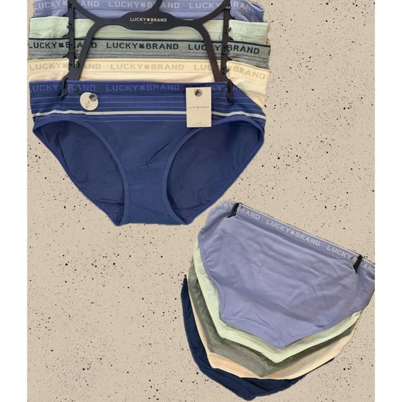 Lucky Brand XL Blue-Cream-Gray Array Logo Waistband Seamless Bikini Panties-5 Pk - Picture 1 of 4